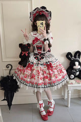Red/Black [Sweet Berry Bunny Bear] Printed Bow Lace Lace-Up Sweet Lolita Jsk Dress - Product - 4