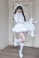White [Snowy Night Princess] Lapel Collar Long Hime Sleeves Ruffled Bow Lace Gothic Jirai Kei Japanese Skirt Set - Product - 20