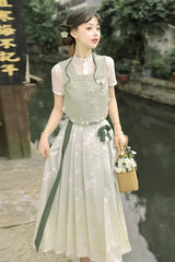 Green Round Collar Short Sleeves Embroidered Pearl Buttons Sweet Hanfu Dress Full Set - Product - 3
