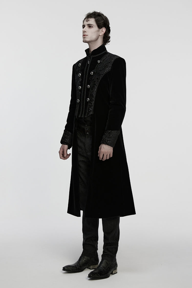 Black Stand Collar Long Sleeves Floral Jacquard Bouble-breasted Zipper Men's Gothic Coat - Product - 2