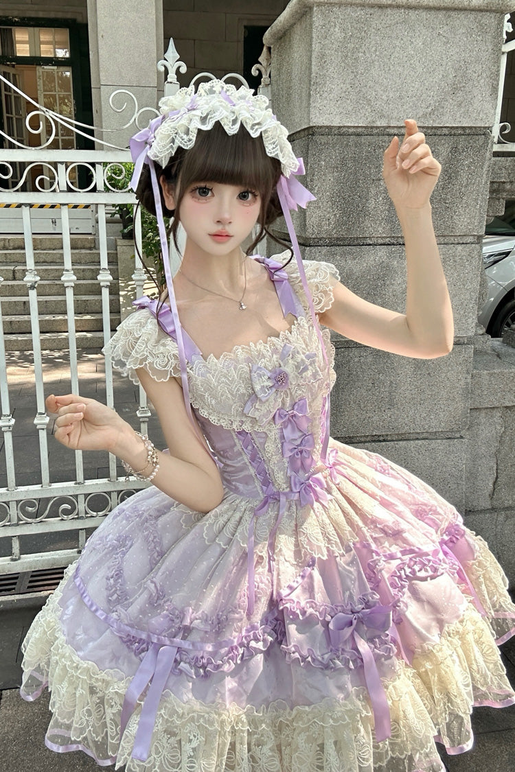 Purple [Dreaming Butterfly] Multi-Layered Jacquard Ruffle Bowknot Lace Sweet Princess Lolita Jsk Dress - Product - 2