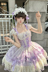 Purple [Dreaming Butterfly] Multi-Layered Jacquard Ruffle Bowknot Lace Sweet Princess Lolita Jsk Dress - Product - 2