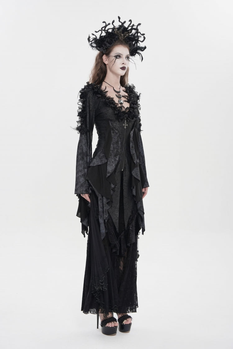 Black V Collar Long Trumpet Sleeves Printed Slim Women's Gothic Rose Feather Gorgeous Blouse - Product - 2