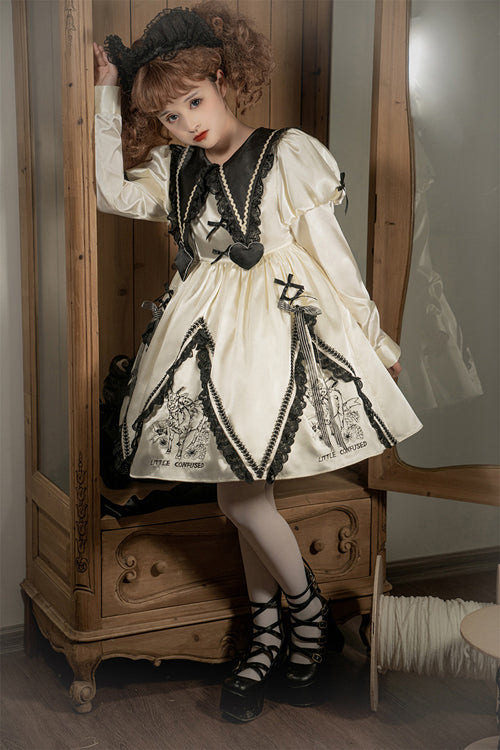Beige Doll Lapel Collar Long Sleeves Little Confused Print High Waisted Sweet Lolita OP Dress - Product - 4