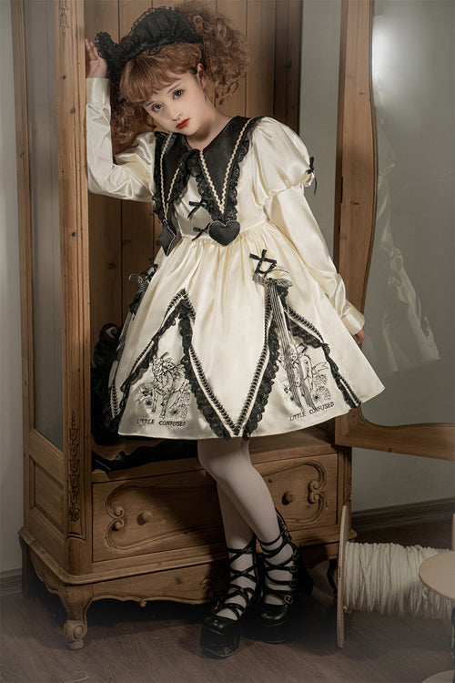 Beige Doll Lapel Collar Long Sleeves Little Confused Print High Waisted Sweet Lolita OP Dress - Product - 4
