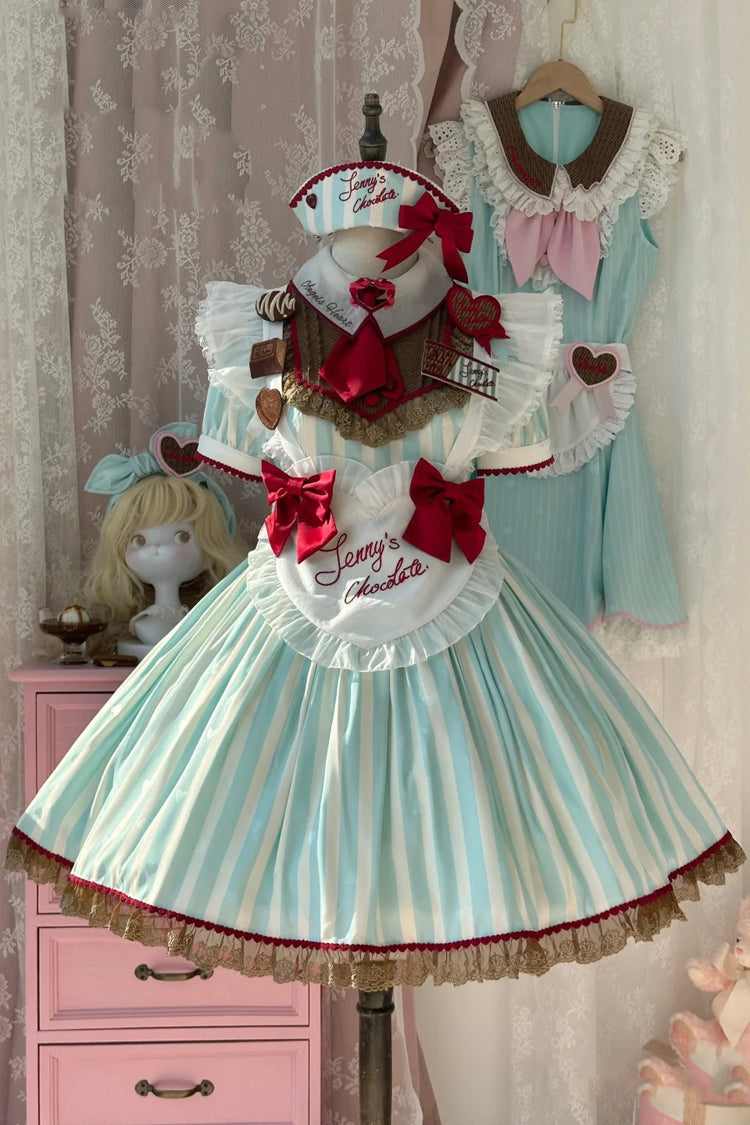 Green [Jenny's Chocolate] Short Sleeves Vertical Stripes Print Ruffle Bowknot Sweet Lolita Dress - Product - 3