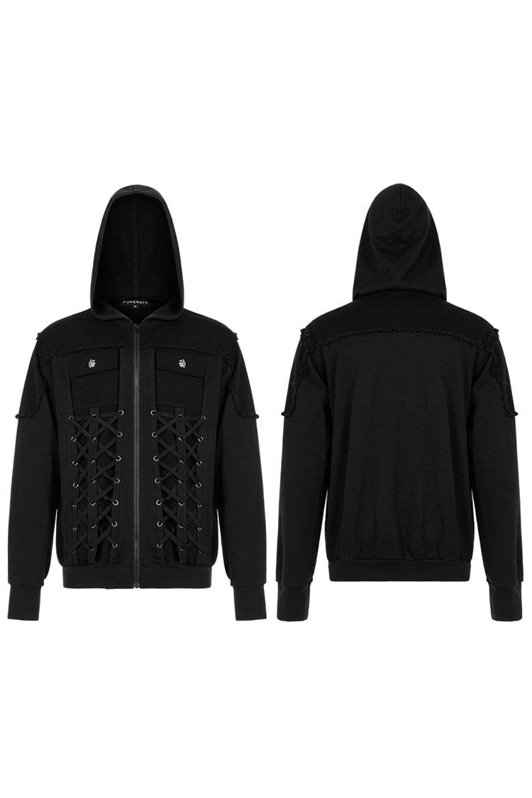 Black Punk Front Lace Up Decoration Long Sleeve Knit Hoodie Men's Coat - Product - 5