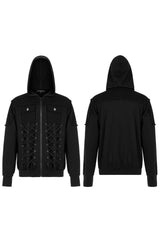Black Punk Front Lace Up Decoration Long Sleeve Knit Hoodie Men's Coat - Product - 5