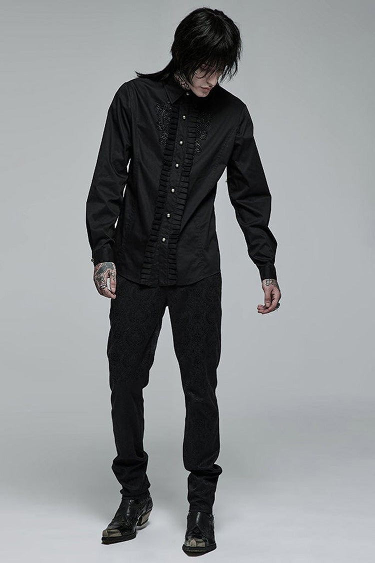 Black Gothic Delicate Decals Placket Pleated Ruffle Long Sleeve Men's Shirt - Product - 4