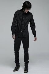 Black Gothic Delicate Decals Placket Pleated Ruffle Long Sleeve Men's Shirt - Product - 4