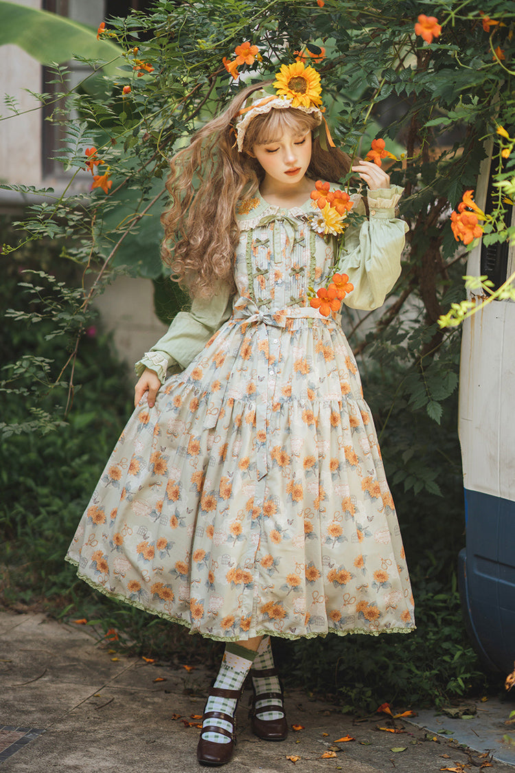 Green [Gardening Sunflower] Sleeveless Print Ruffle Bowknot Sweet Elegant Lolita Jsk Dress - Product - 4