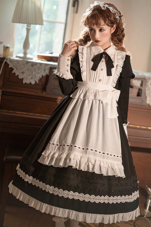 Black Lapel Collar Bowknot Long Sleeves Ruffled Sweet Lolita Maid OP Dress (Apron is included) - Product - 2