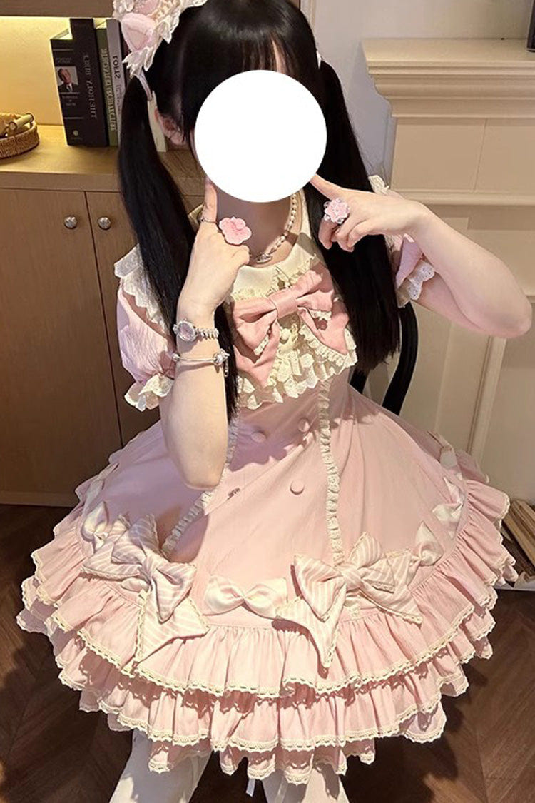 Pink [Striped Layered] Short Sleeves Multi-Layered Ruffle Bowknot Sweet Princess Lolita Tiered Dress - Product - 12