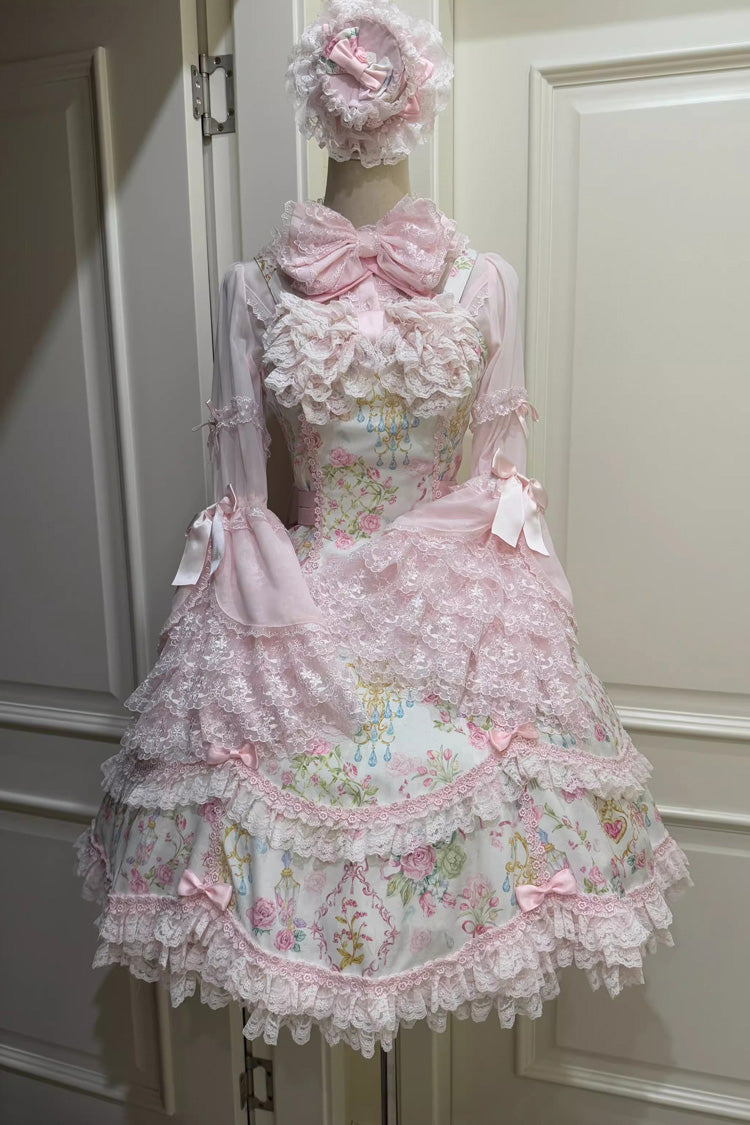White/Pink Sleeveless Flower Wall Print Ruffle Bowknot Lace Sweet Lolita Jsk Dress - Product - 8