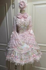 White/Pink Sleeveless Flower Wall Print Ruffle Bowknot Lace Sweet Lolita Jsk Dress - Product - 8