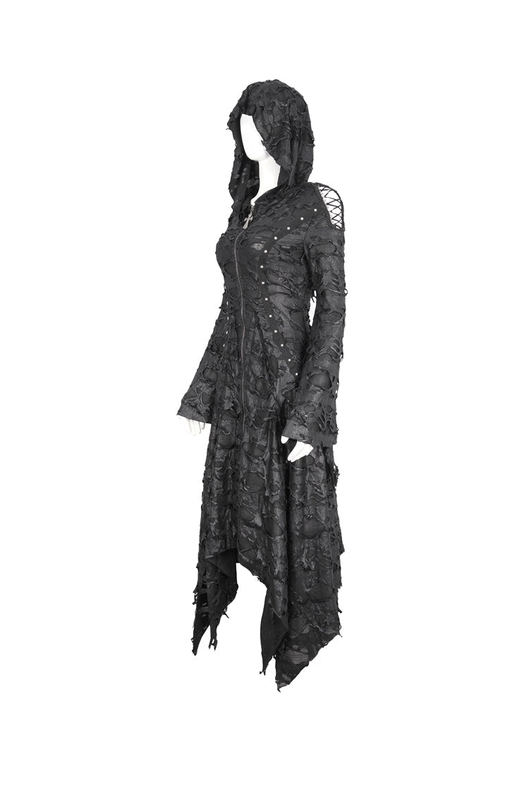Black Long Trumpet Sleeves Irregular Hooded Womens Gothic Dress - Product - 10