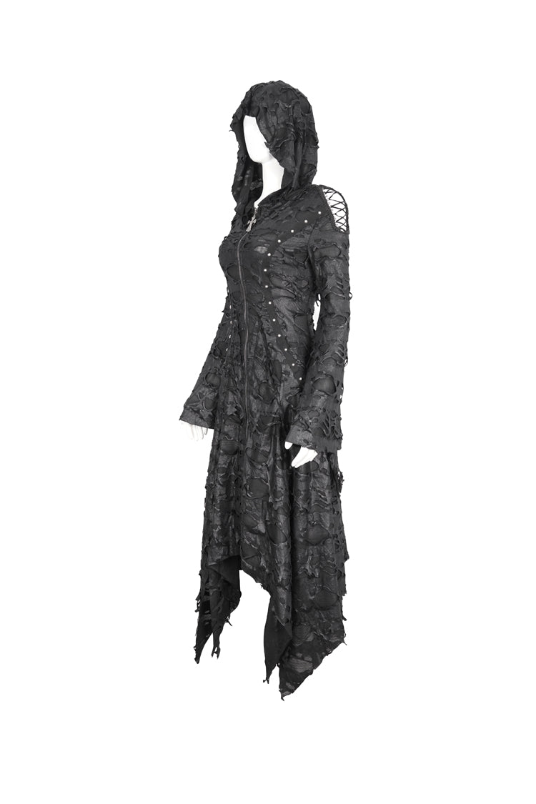 Black Long Trumpet Sleeves Irregular Hooded Womens Gothic Dress - Product - 10