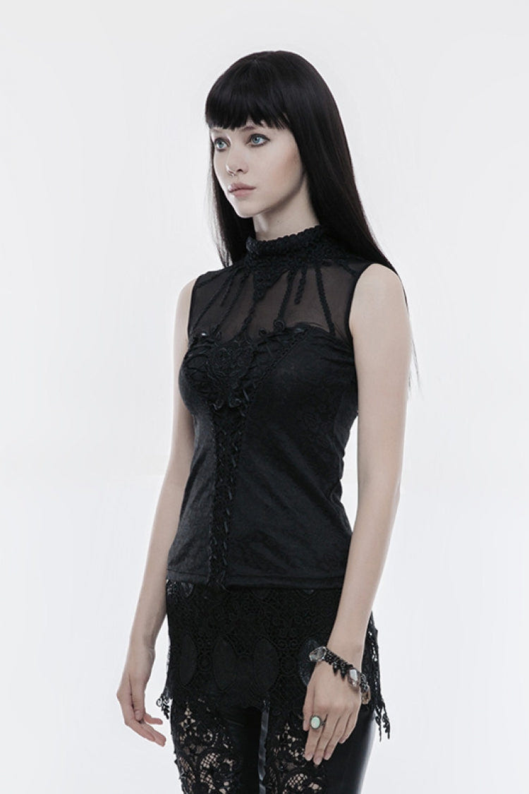 Black High Collar Sleeveless Stitching Lace Lace-Up Mesh Women's Gothic T-Shirt - Product - 3