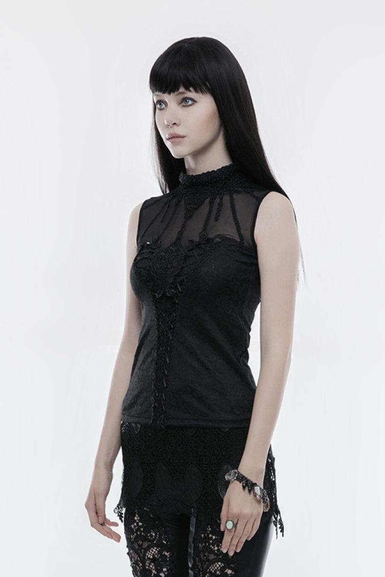 Black High Collar Sleeveless Stitching Lace Lace-Up Mesh Women's Gothic T-Shirt - Product - 3