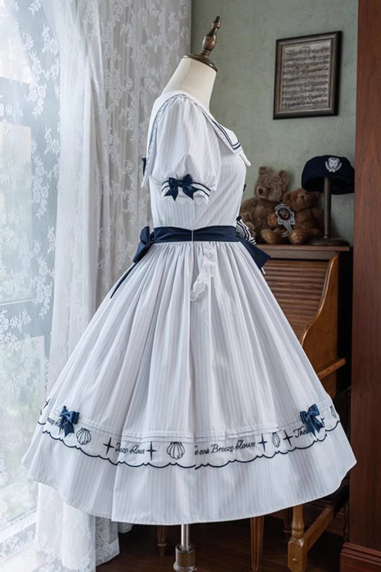 White Navy Stripe Print Short Sleeves Ruffle Embroidery Sweet (Dress Only) detail view 15