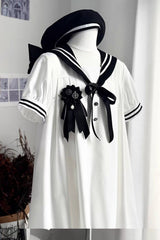 Black/White [Old Stories] Navy Collar Short Sleeves Bowknot Sweet Lolita Dress - Product - 2