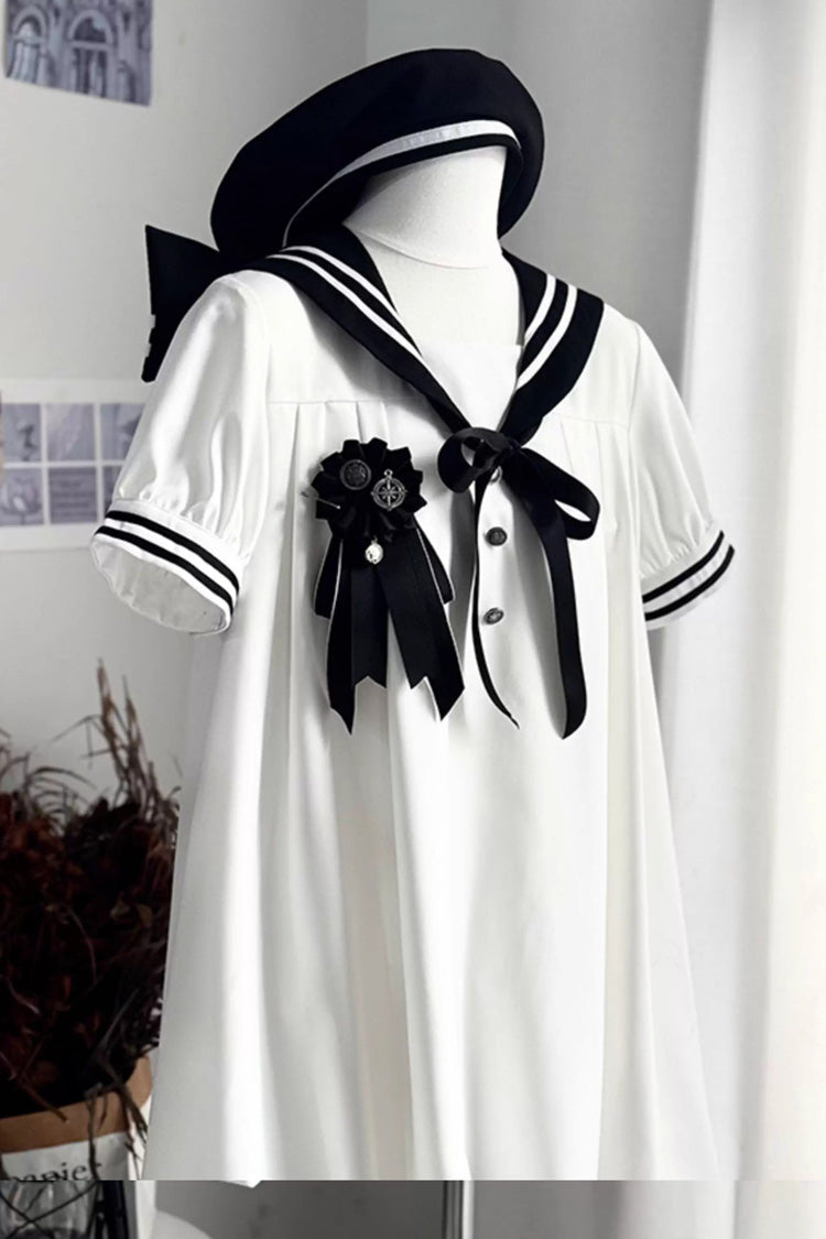 Black/White [Old Stories] Navy Collar Short Sleeves Bowknot Sweet Lolita Dress - Product - 2