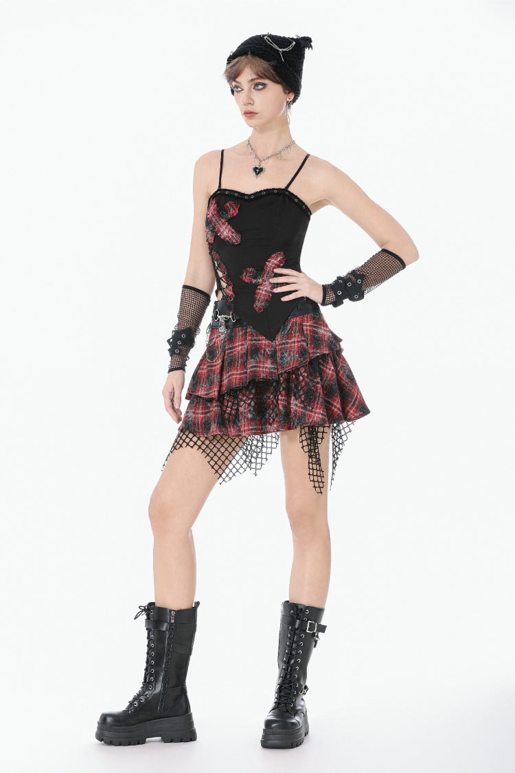 Black Strap Off Shoulder Asymmetric Side Lace-Up Eyelet Women's Punk Plaid Cross Bustier - Product - 9