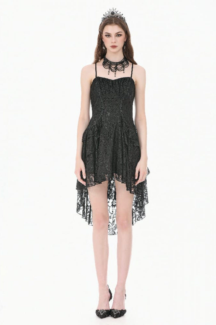 Black Lace-Up Women's Gothic High-Low Multi-Layered Ruffled Tail Lace Slip Dress - Product - 5