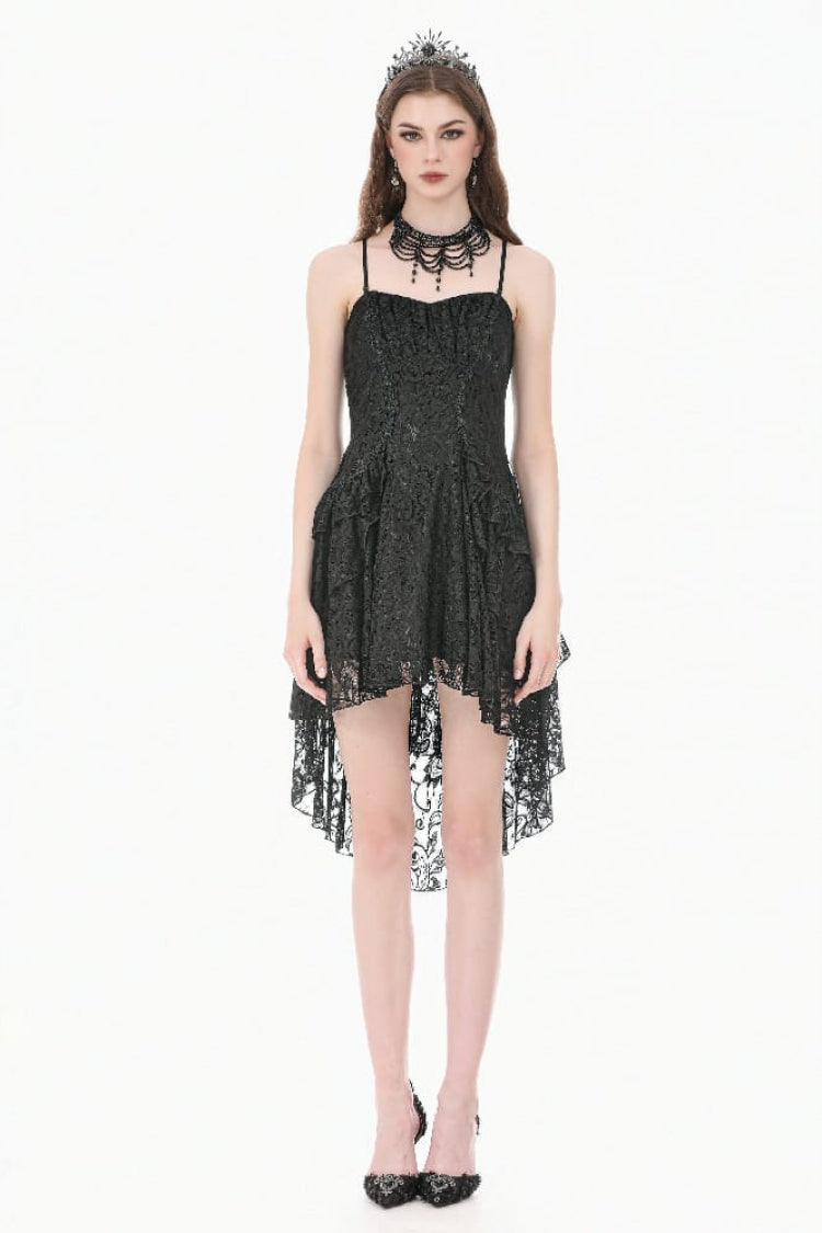 Black Lace-Up Women's Gothic High-Low Multi-Layered Ruffled Tail Lace Slip Dress - Product - 5