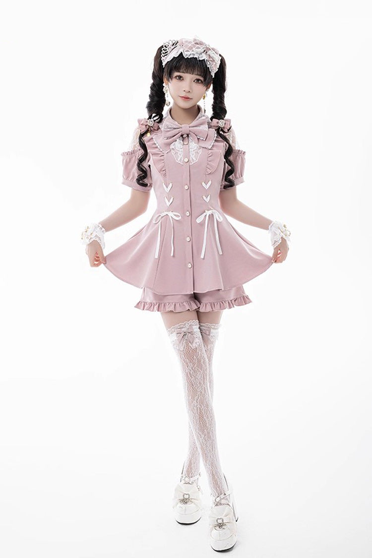 [Alice of Wednesday] Sweet Off Shoulder Short Sleeves Ruffle Bowknot Lace-Up Japanese Jirai Kei Dress Shorts Set 3 Colors - Product - 14