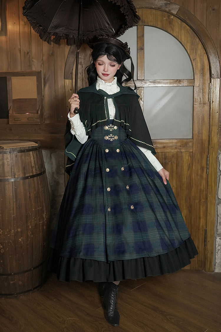 Blue/Green [Berlin's letter] Double-Layered Plaid Print Ruffle Bowknot Classic College Style Lolita Strap Dress Set 2 Versions - Product - 16