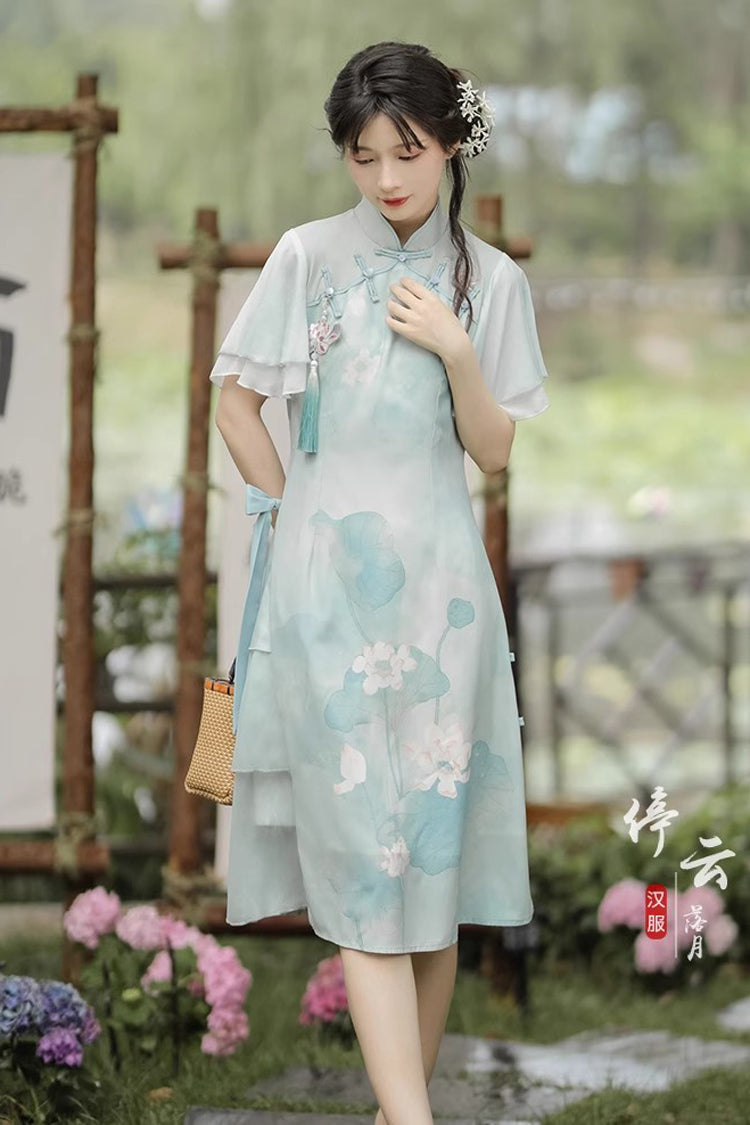 Green Ruffle Short Sleeves Lotus Print Sweet Cheongsam Hanfu Dress - Product - 3