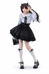 Black/Blue Off Shoulder Long Sleeves Ruffle Bowknot Sweet Jirai Kei Japanese Set - Product - 6