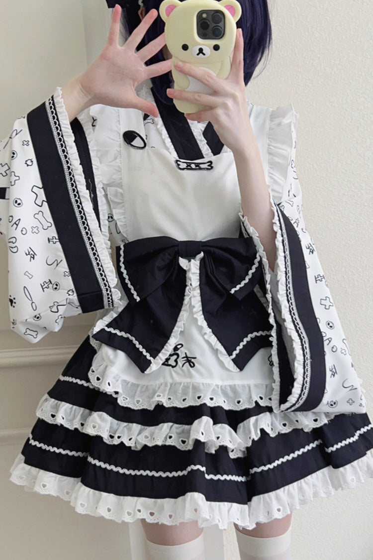 Black/White Double-Layered Ruffle Bowknot Maid Sweet Lolita Skirt Set - Product - 3