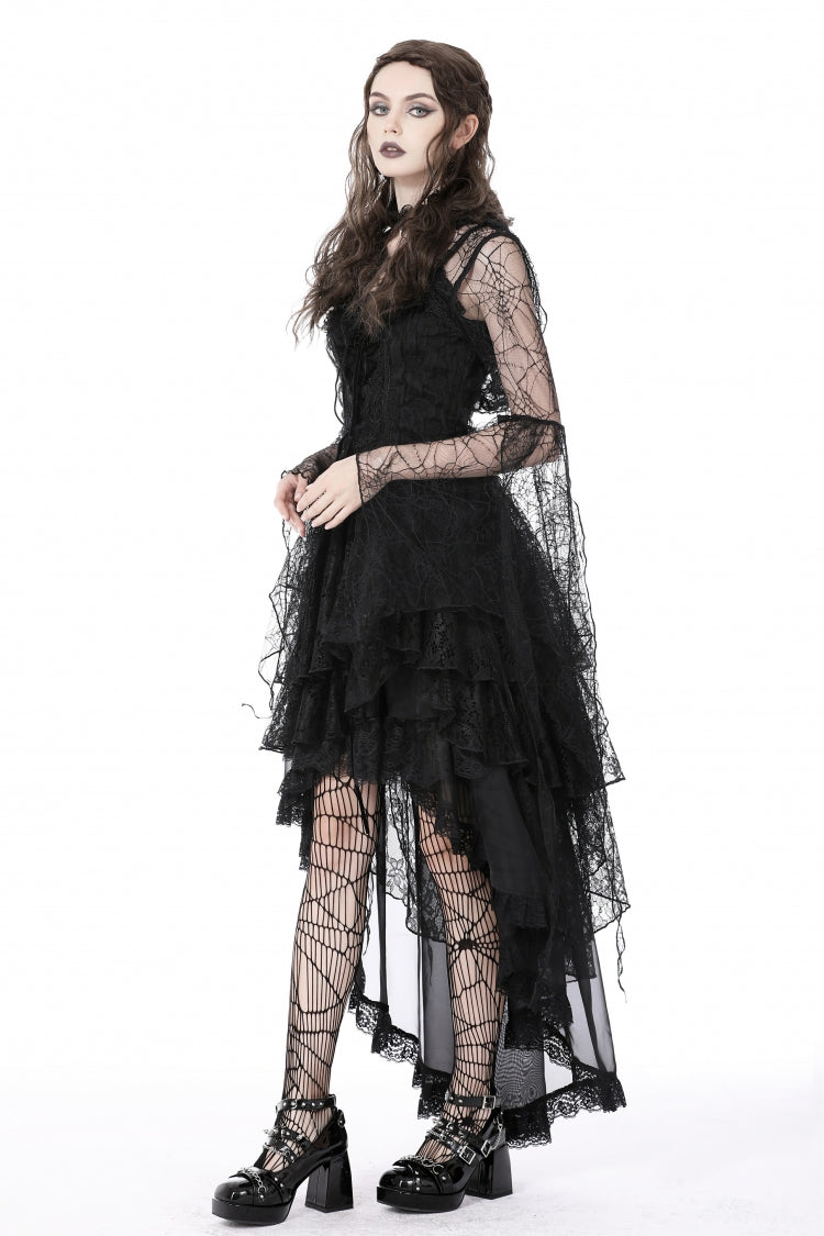 Black Spider Exaggerated Long Flared Sleeves Lace-Up Sheer Women's Gothic Cape with Hood - Product - 6
