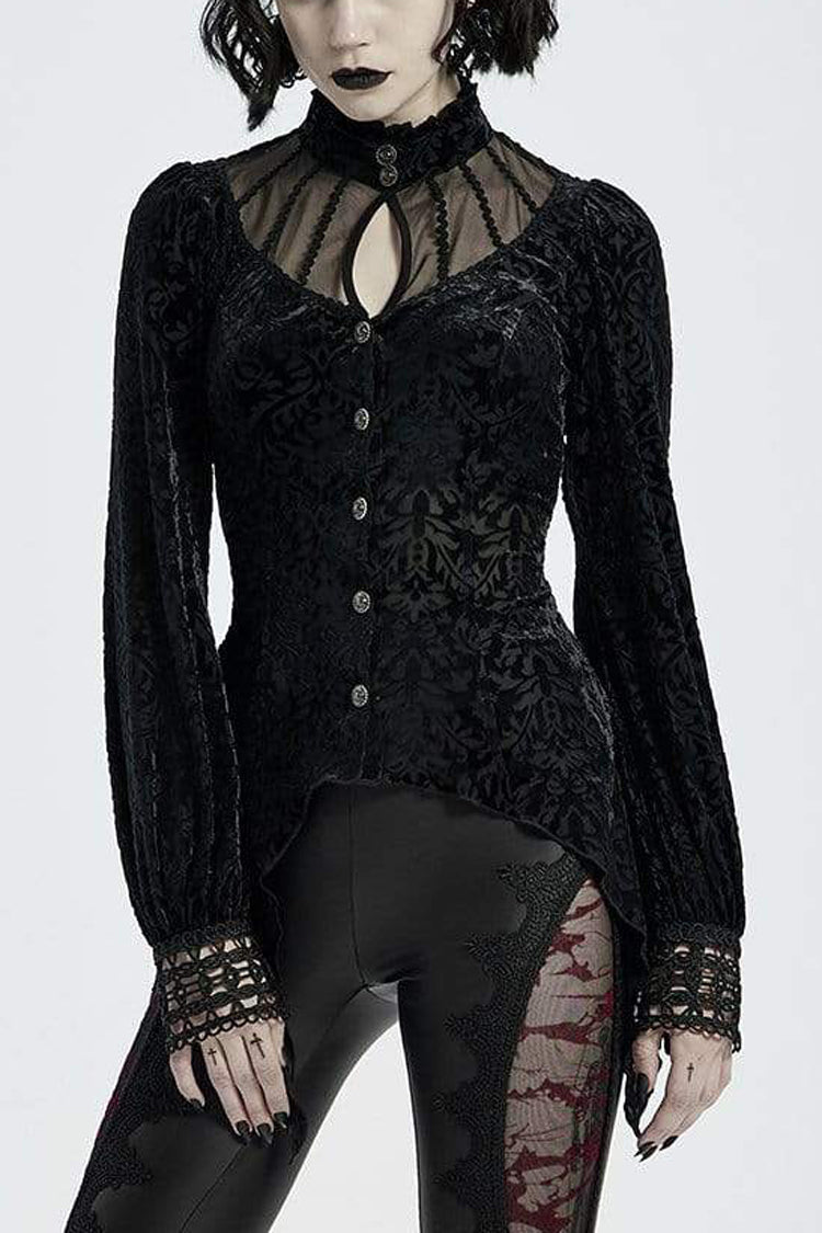 Black High Collar Long Sleeves Floral Print Hollow Stitching Irregular Hem Womens Gothic Blouse - Black - 1