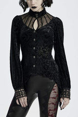 Black High Collar Long Sleeves Floral Print Hollow Stitching Irregular Hem Womens Gothic Blouse - Black - 1