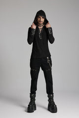 Black Long Sleeves Lace-Up Hooded Studs Eyelets Men's Punk T-Shirt - Product - 4