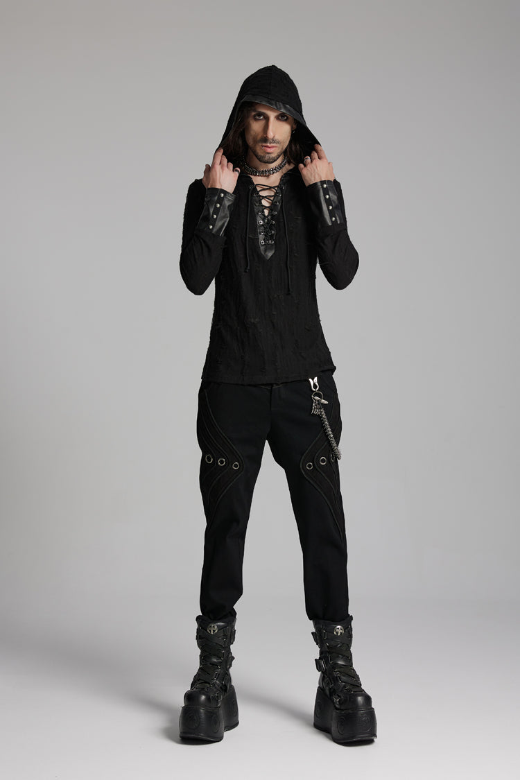 Black Long Sleeves Lace-Up Hooded Studs Eyelets Men's Punk T-Shirt - Product - 4