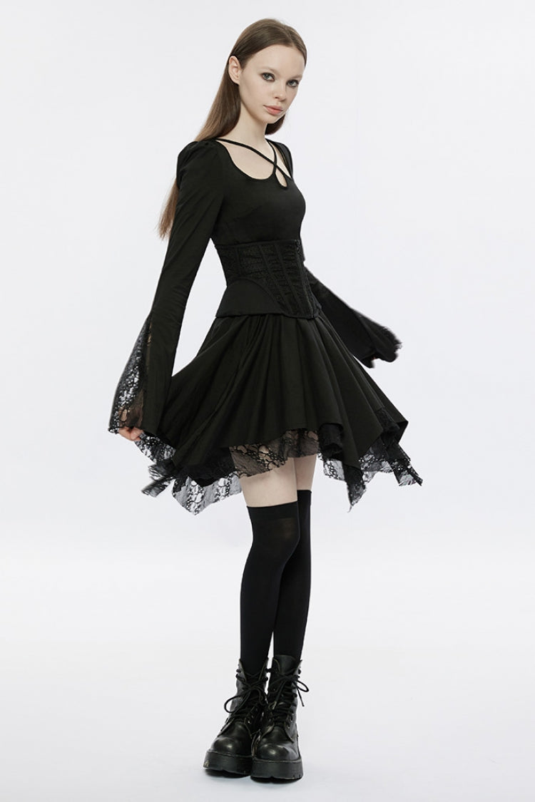Black Long Trumpet Sleeves Stitching Lace Asymmetric Women's Gothic Dress - Product - 4