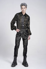 Black Lapel Collar Long Puff Sleeves Faux Leather Stitching Men's Gothic Blouse with Chain - Product - 4
