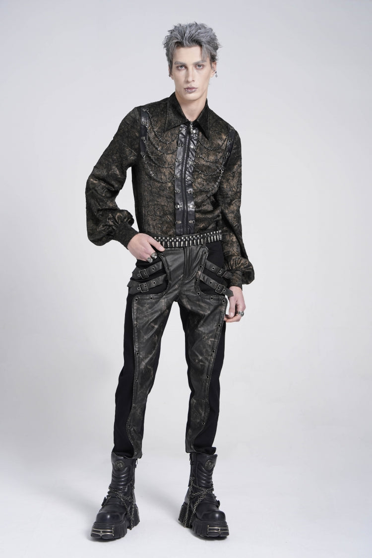 Black Lapel Collar Long Puff Sleeves Faux Leather Stitching Men's Gothic Blouse with Chain - Product - 4