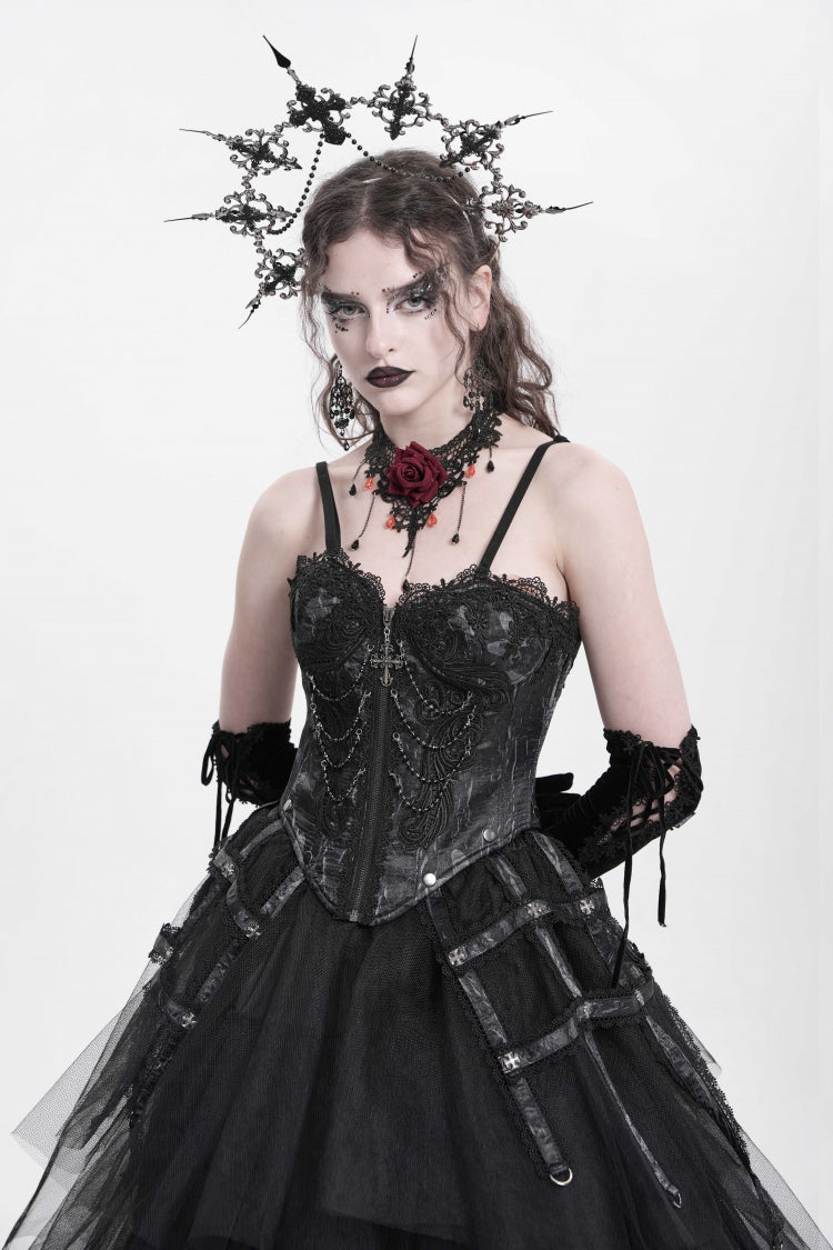 Black Sleeveless Embroidery Lace Chain Women's Gothic Vest - Black - 1