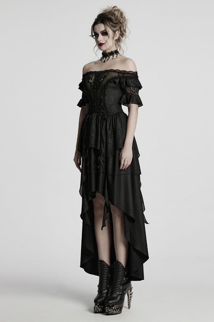 Black Off Shoulder Ruffle Sheer Women's Gothic High/low Prom Dress - Product - 2