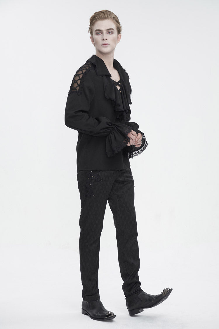 Black Ruffled Collar Puff Sleeved Men's Gothic Shirt - Product - 5