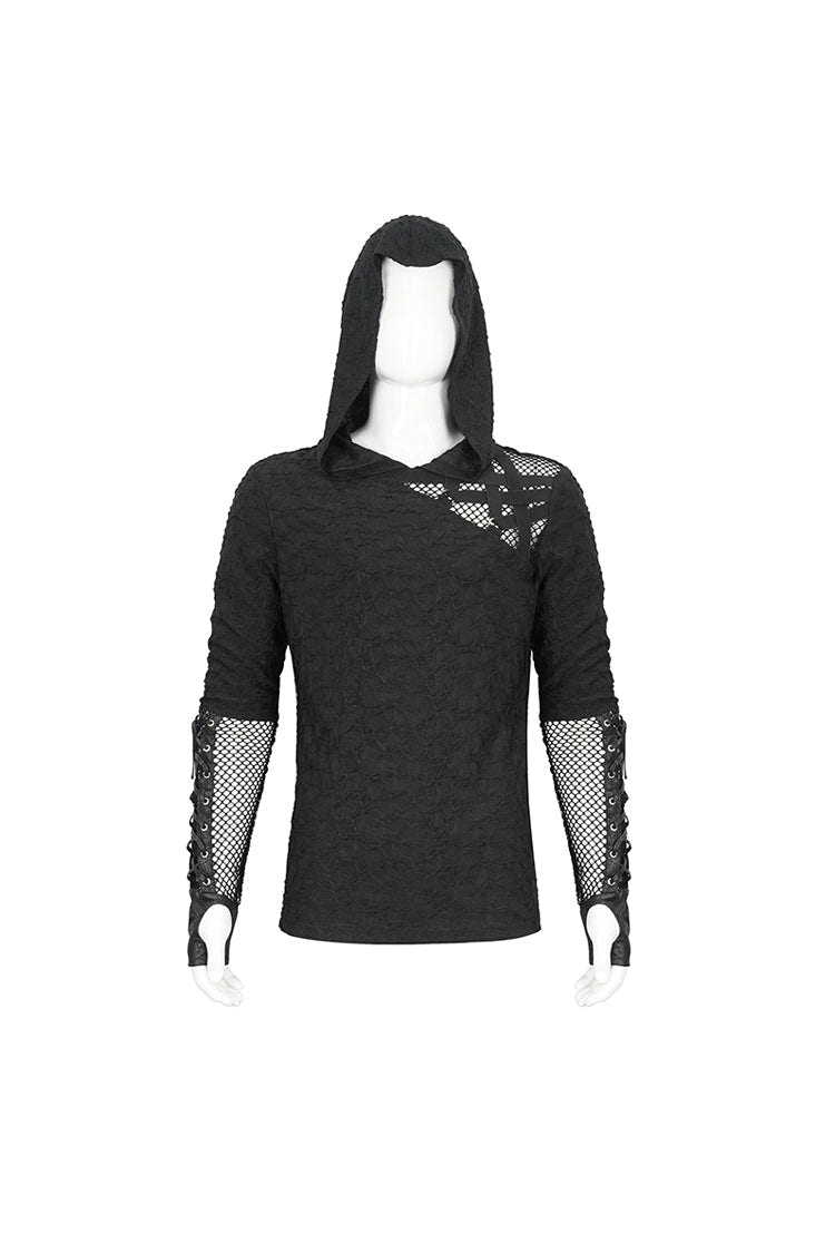 Black Lace Up Mesh Splice Long Sleeve Men's Punk Hoodies - Product - 9