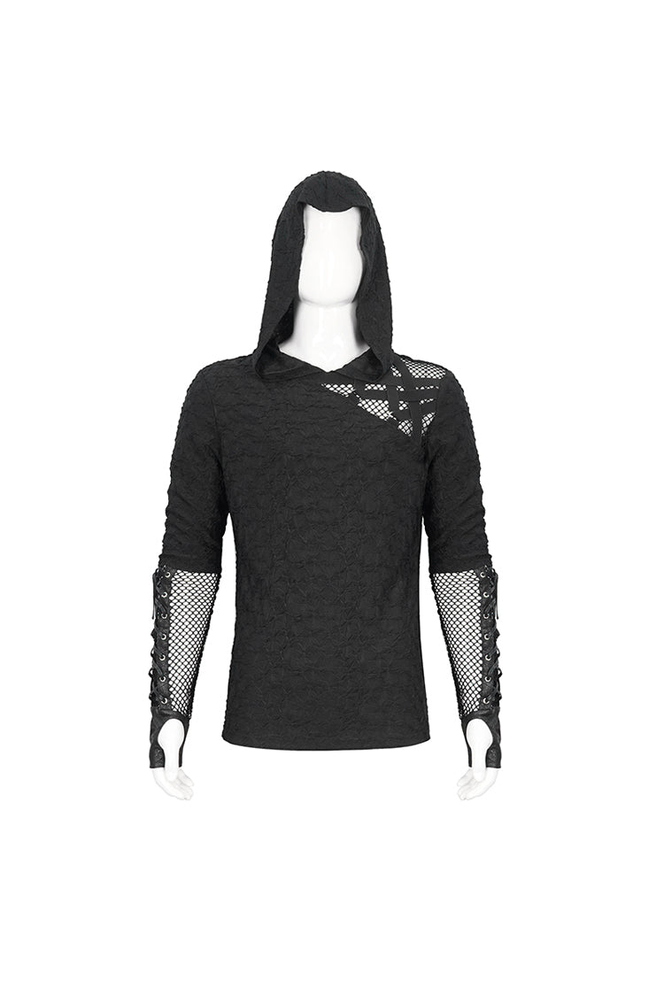 Black Lace Up Mesh Splice Long Sleeve Men's Punk Hoodies - Product - 9