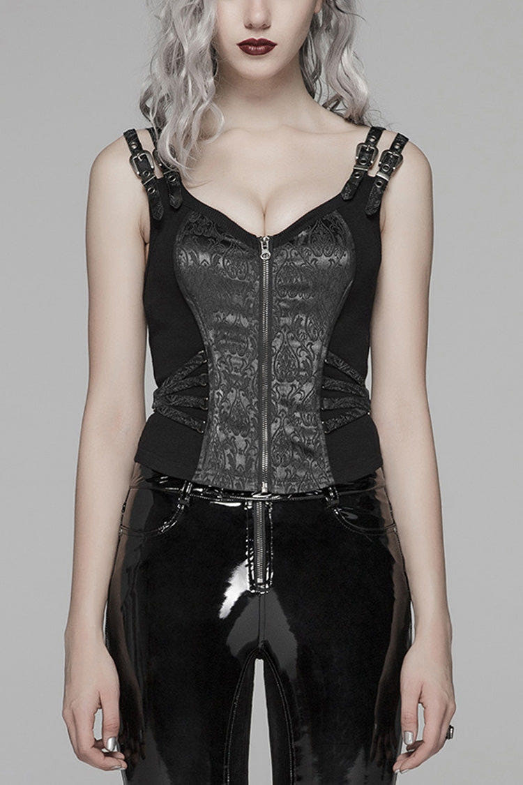 Steampunk Sleeveless Jacquard Print Metal Buckle Strap Metal Zipper Hollow Lace-Up Women's Vest 4 Colors - Black - 1