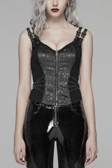 Steampunk Sleeveless Jacquard Print Metal Buckle Strap Metal Zipper Hollow Lace-Up Women's Vest 4 Colors - Black - 1