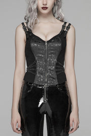 Steampunk Sleeveless Jacquard Print Metal Buckle Strap Metal Zipper Hollow Lace-Up Women's Vest 4 Colors - Black - 1
